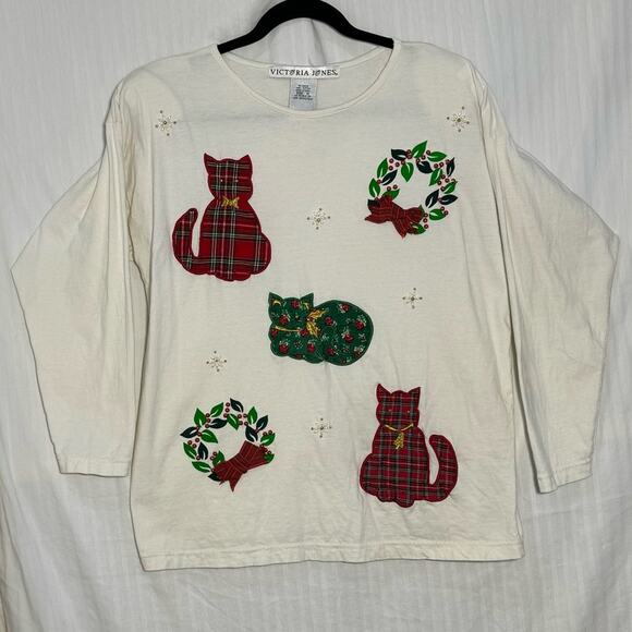 Victoria Jones Christmas Long-Sleeve Shirt Women’s Size Medium Vintage Cats Cat - Picture 6 of 7
